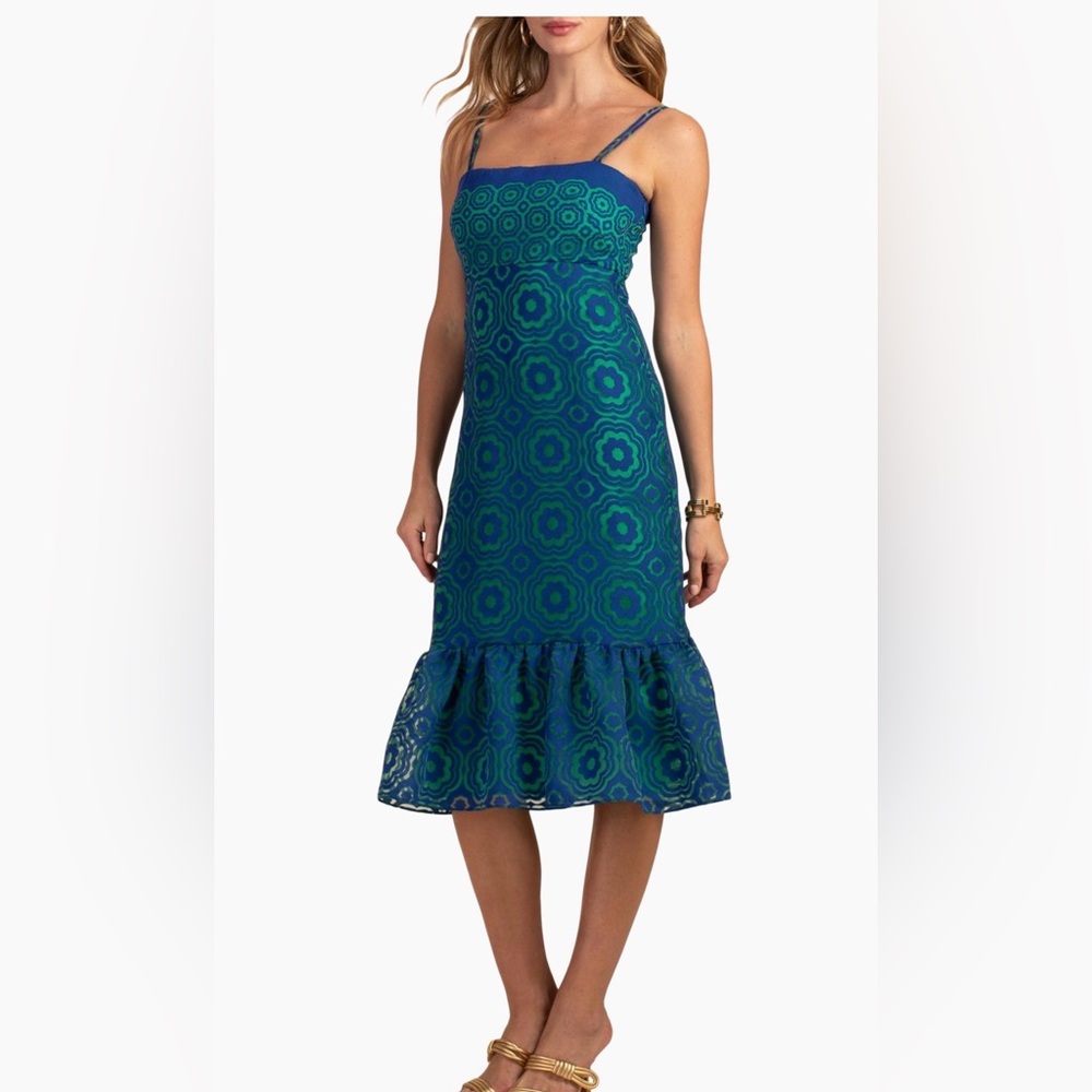 Trina Turk Geometric Blue and Green Midi Dress